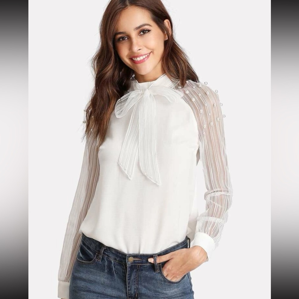 Pearl Embellished Striped Mesh Sleeve Top